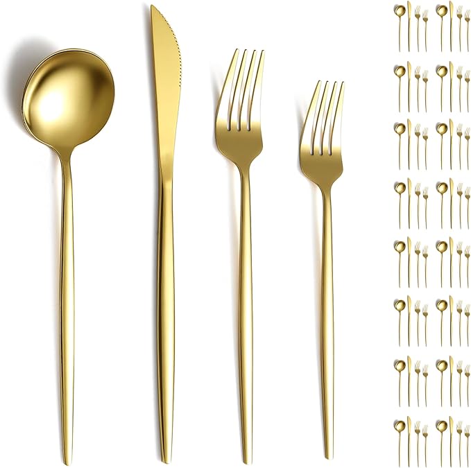 Evanda Gold Silverware Set 64 Piece Service for 16, Titanium Gold Plated Stainless Steel Flatware Set, Knives Forks Spoons Cutlery Set for Wedding, Parties, Birthday, Restauroom, Dishwasher Safe
