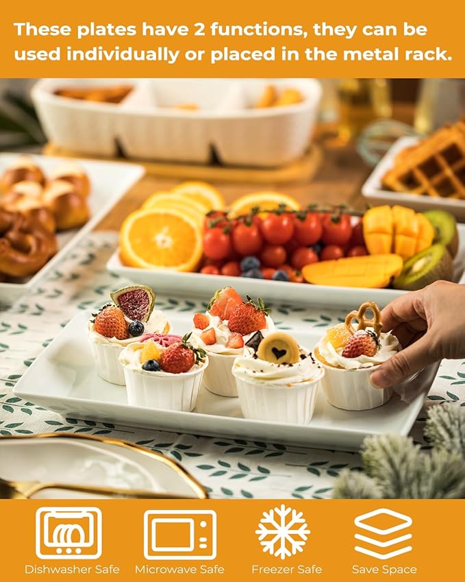 LAUCHUH 3 Tier Serving Tray Porcelain Tiered Serving Stand Collapsible Sturdier Rack Serving Platters with 2 Cross Bars for Thanksgiving, Christmas, Fruit Dessert Party Display Set, 12 Inch, Bronze