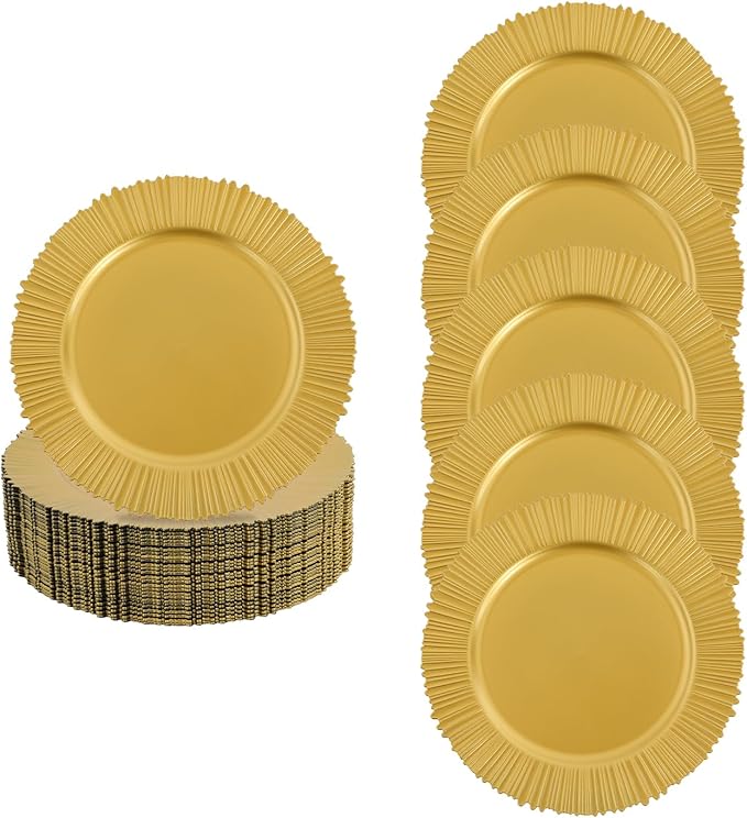 100 Pcs Antique Charger Plates Bulk 13 Inch Embossed Rim Plastic Party Dinner Plate Chargers Round Decorative Server Plate for Wedding Party Event Tableware (100pcs-gold1)