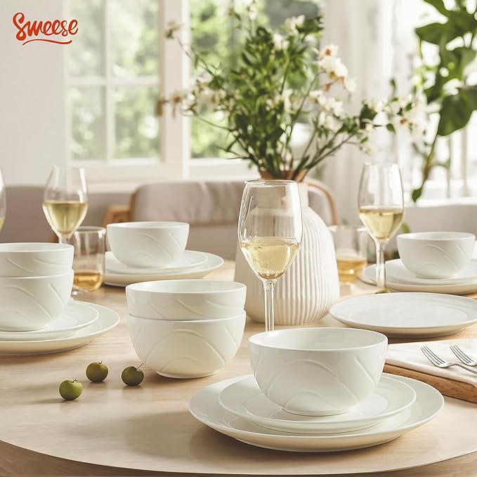 Sweese Porcelain Dinnerware Sets for 6, 18 Pieces Ceramic Plates and Bowls Sets, Handcrafted Minimalist Dinner Set, Chip and Scratch Resistant Dish Set, Dishwasher & Microwave Safe, White