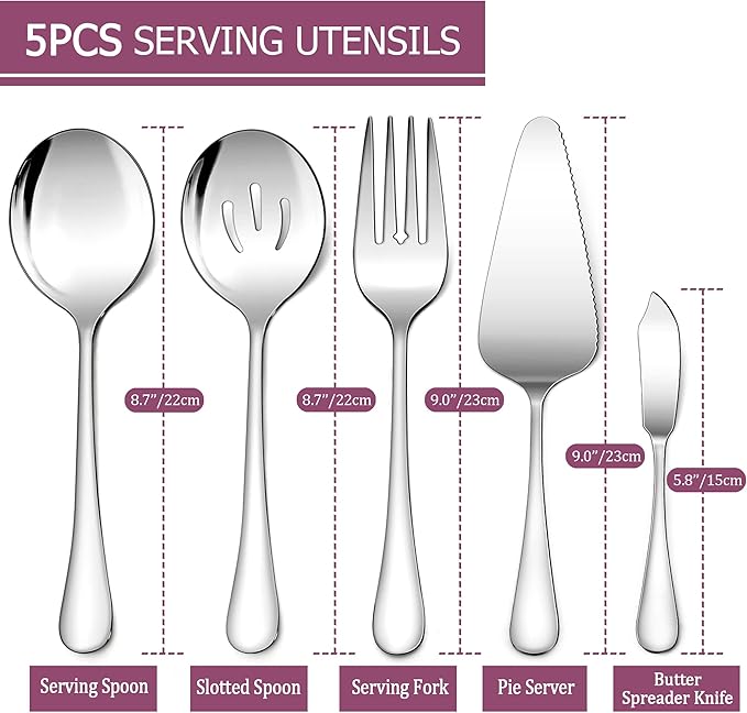 LIANYU 5-Piece Stainless Steel Serving Utensils Set Include Serving Spoon Fork, Flatware Serving Pieces for Buffet Catering, Mirror Finish, Dishwasher Safe