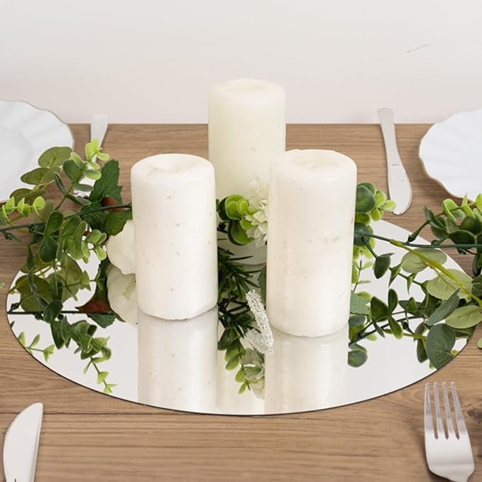 Efavormart 10 Pack Silver Round Acrylic Mirror Tray for Decoration, Large Circle Candle Plate Centerpiece Bases - 14"