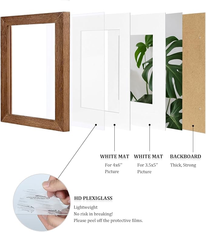 Egofine 4x6 Picture Frames Set of 4, Made of Solid Wood Covered by Plexiglass 3x4.5 and 3.5x5 with Mat or 4x6 without Mat, for Table Top Display and Wall Mounting Photo Frame,Walnut Brown