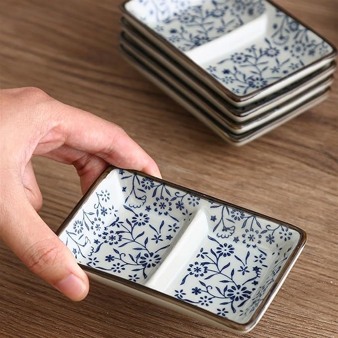Appetizer Plates Double Compartment Dessert Plate Ceramic Chinese Seasoning Dish Commercial Barbecue Dipping Dish Sauce Dish for Condiment