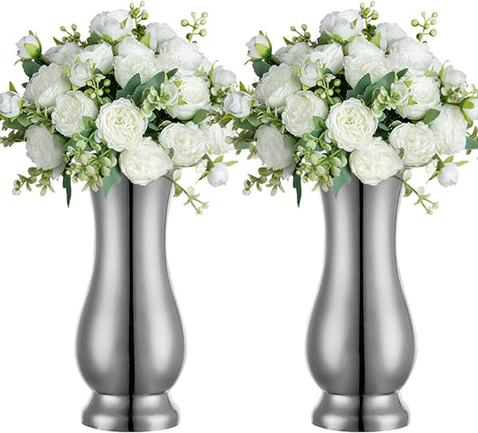 Metal Vase Centerpiece Decoration, Stainless Steel Tabletop Flower Silver Vases- Ideal for Office, Home Wedding Birthday Anniversary Ceremony Event Decor(Silver-2PCS)