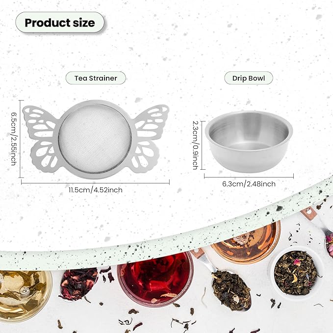 VEIREN 2 Pieces Tea Strainers with Drip Bowl Stainless Steel Loose Leaf Tea Filter with Butterfly Handle Reusable Fine Mesh Tea Interval Diffuser for Loose Leaf Coffee Herbal Spice(Style B, Silver2)