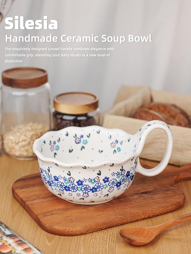 silesia Handmade Ceramic Soup Bowl, 30 oz Hand Painted Bowl with Loop Handle, Floral Design Cereal Bowl for Soup, Ice cream, Snack, Microwave & Dishwasher Safe (Forget Me Not)