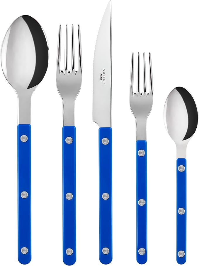SABRE PARIS - 20-Piece Flatware Set for 4 - Bistrot Collection - Knife, Fork, Soup Spoon, Teaspoon & Dessert Fork - Stainless Steel & Nylon - Dishwasher Safe - Lapis Blue - Shiny Finish