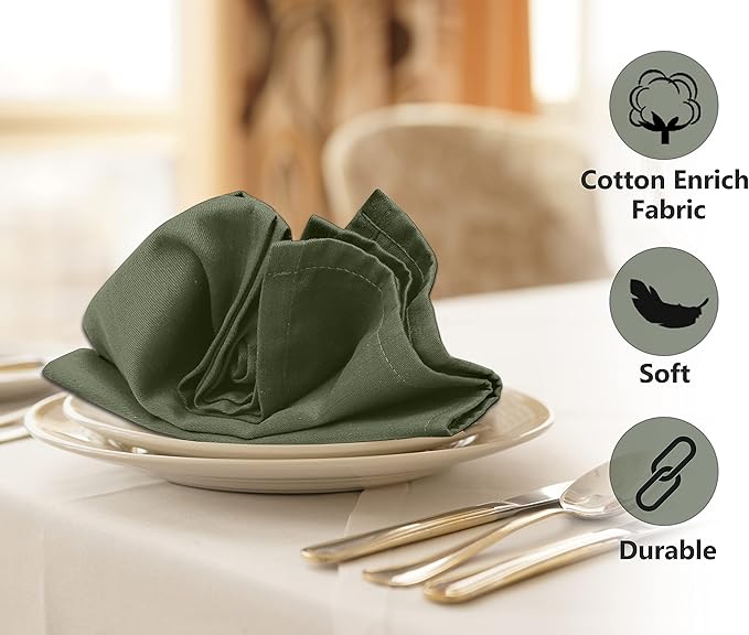 Ruvanti Cloth Napkins Set of 6, 18x18 Inches Napkins Cloth Washable, Soft, Durable, Absorbent, Cotton Blend. Table Dinner Napkins Cloth for Hotel, Lunch, Restaurant, Wedding Parties - Matine Olive