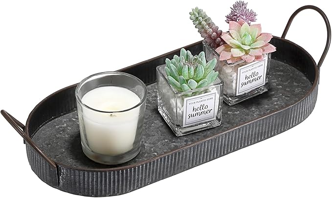 Hipiwe Oval Galvanized Metal Iron Tray with Handle, Industrial Style Storage Serving Tray Farmhouse Rustic Decorative Coffee Table Centerpiece for Home Decor