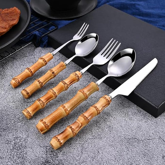 Bamboo Silverware Set for 6, 30 Piece 18/8 Stainless Steel Cutlery Set, Natural Bamboo Handle Cutlery Sets, Household Kitchen Utensil for 6, Flatware Sets, Dishwasher Safe