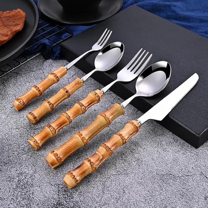 Bamboo Silverware Set for 18, 90 Piece 18/8 Stainless Steel Cutlery Set, Natural Bamboo Handle Cutlery Sets, Household Kitchen Utensil for 18, Flatware Sets, Dishwasher Safe (90pcs)