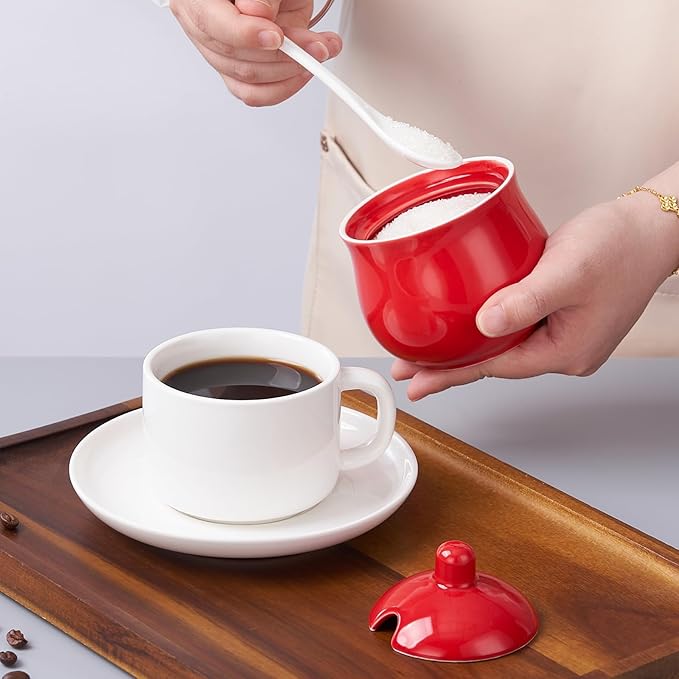 Ceramic Sugar Bowl with Lid and Spoon, Red Porcelain Sugar Salt Pepper Storage Jar, 8 Ounces