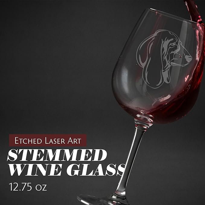 Etched Laser Art Basset Hound (Alternate) Personalized Dog Themed Etched 12.75oz Wine Glass Custom Dog Breed Wine Glasses for Pet Lovers, Unique Birthday Gift for Men & Women, Personalized Gift