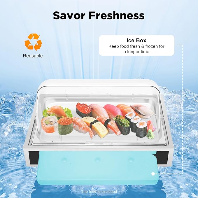 Stainless Steel Buffet Serving Tray with Ice Pan, 1.59Gal Food Display Platter for Sushi, Salad, Desserts, Large Capacity Cold Food Serving Trays for Party Buffet, Double Pan, Clear Cover