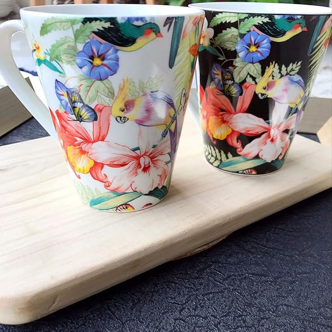 SHINING Porcelain Bone China Dinnerware Ceramic Floral Design Tableware Service Plate Mug Bowl Set (Black Breakfast Mug)