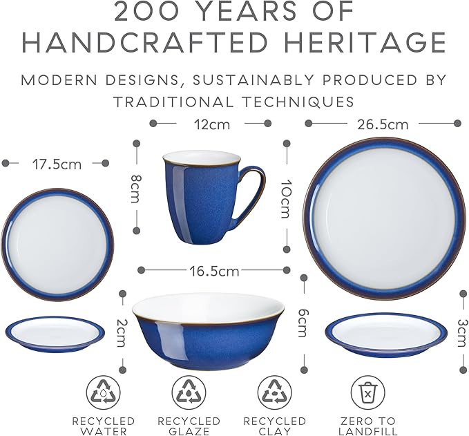 Denby - Imperial Blue Dinner Set For 4-16 Piece Ceramic Tableware Set Blue, White - Dishwasher Microwave Safe Crockery Set - 4 x Dinner Plate, 4 x Small Plate, 4 x Cereal Bowl, 4 x Coffee Mug