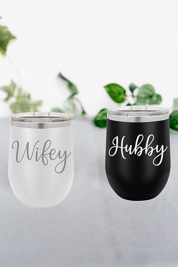 Wifey & Hubby 12 oz. Insulated Wine Glasses Set - Modern Engraved Wedding Gift Drinking Tumblers Couples Gifts Black/White, Wine Glass Set and Wedding Essentials