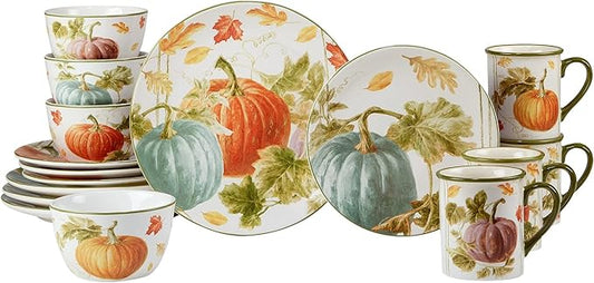 Unknown1 Autumn 16-Piece Dinnerware Set Service for 4 Green Ivory Multi Color Fruit Casual Farmhouse Round Ceramic 16 Piece Dishwasher Safe Microwave