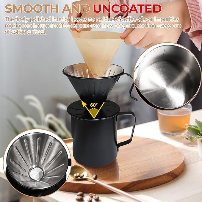 Uncoated Pour Over Coffee Maker 350ml Milk Frothing Pitcher 304 Thickened Stainless Steel Drip Coffeemaker Set with 50pcs V60 Cone Paper Filters Hand Brew Dripper Carafe for Home Camping Travel 12oz
