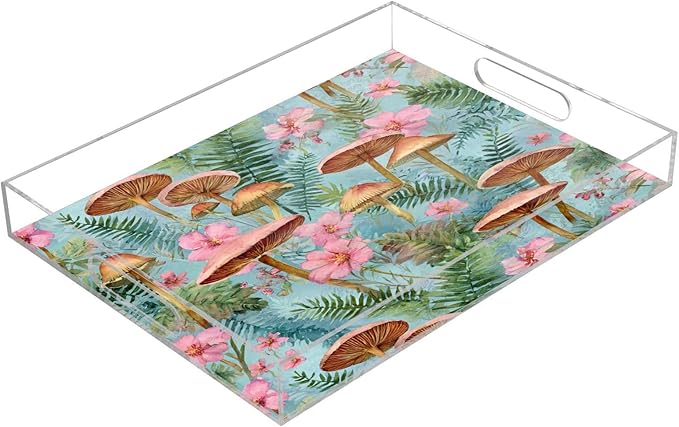 Serving Tray with Handles Clear Acrylic Tray 12x16 Inch Decorative Rectangular Tray Organizer for Ottoman Coffee Table Bathroom Mushroom Leaves Pink Green