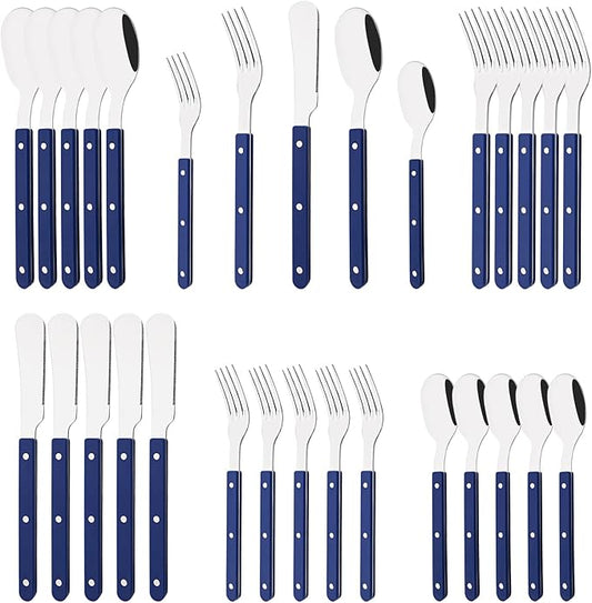 30 PCS Stainless Steel Flatware Set for 6, Silverware Set with Colored Handles, Retro Style Forks Spoons and Knives Set, Vintage Eating Utensils, Blue Acrylic Handle with Rivets Design