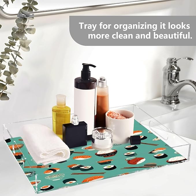 Serving Tray with Handles Clear Acrylic Tray 12x16 Inch Decorative Rectangular Tray Organizer for Ottoman Coffee Table Bathroom Teal Sushi