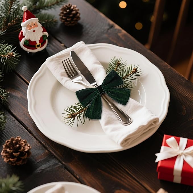 12 Pcs Green Christmas Bow Napkin Rings,Chic Xmas Velvet Napkin Ring Holders for Holiday Serviette Birthday Anniversary Party Dinner Wedding Dining Tableware Decoration