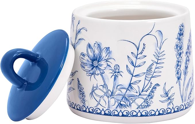 Bico Blue Garden Toile De Jouy Ceramic Sugar and Creamer Set, Sugar Bowl with Lid, Cute Container for Coffee Bar, Kitchen Countertop Accessories, Microwave and Dishwasher Safe
