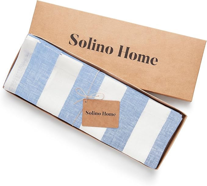 Solino Home Linen Placemats Set of 4 - Cabana Stripe Sky Blue and White Placemats 14 x 19 Inch - 100% Pure Linen Place Mats for Christmas, Holiday, New Year