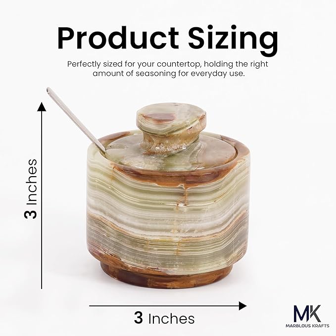 MARBLOUS KRAFTS Marble Salt Cellar 3' Green Onyx Seasoning Container, Spice Rack for Countertop, Perfect Kitchen Tabletop Sugar Jar, Stone Salt Bowl with Lid and Spoon, Gift for Her