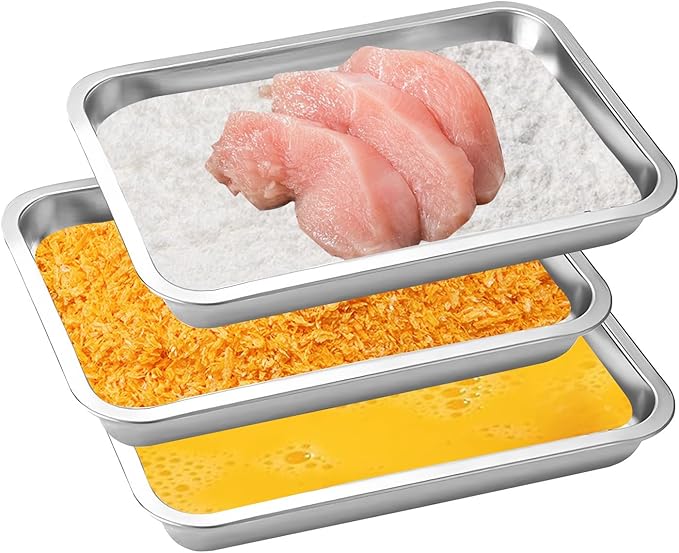 Breading Trays Set of 3 Stainless Steel Breading Pans for Dredging Chicken Breasts and Marinating Meat, Food Prep Serving Trays (12.4" x 8.5" x 1.9")