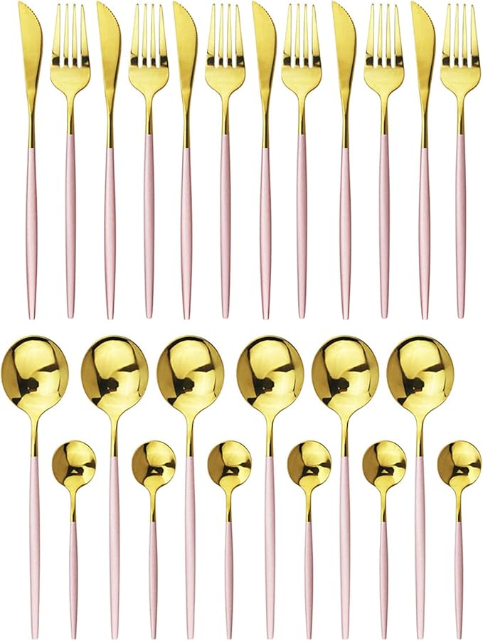 JASHII 24 Piece Titanium Pink And Golden Plated Stainless Steel Flatware Set, Pink Handle With Golden Mouth Silverware Set Pink And Gold Cutlery Set Service for 6 (Pink Handle,Shiny Golden)