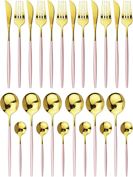 JASHII 24 Piece Titanium Pink And Golden Plated Stainless Steel Flatware Set, Pink Handle With Golden Mouth Silverware Set Pink And Gold Cutlery Set Service for 6 (Pink Handle,Shiny Golden)