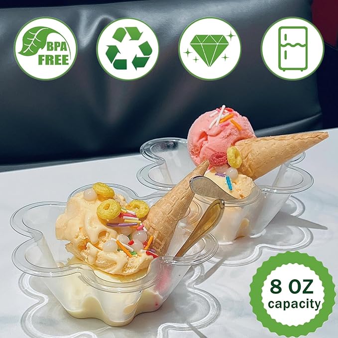 50ct 8oz Plastic Dessert Cups with Spoons, Clear Flower shaped Ice Cream Bowls, Party Sundae Serving Bowls, Parfait Appetizer Cups for Ice Cream, Nuts, and Salad