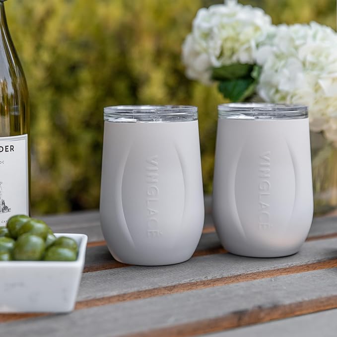 Vinglacé Wine Bottle Chiller Gift Set- Portable Stainless Steel Wine Cooler with 2 Stemless Wine Glasses, Stone