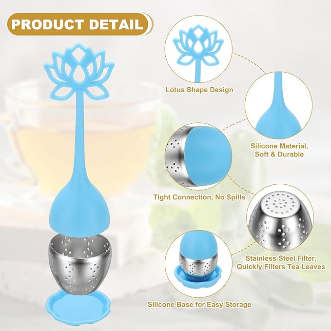 uxcell 2 Pcs Lotus Tea Infuser, Stainless Steel Loose Leaf Tea Steeper Filter with Silicone Handle Reusable Coarse Pores Mesh Strainer Diffuser for Teacups Teapots Mugs, Blue