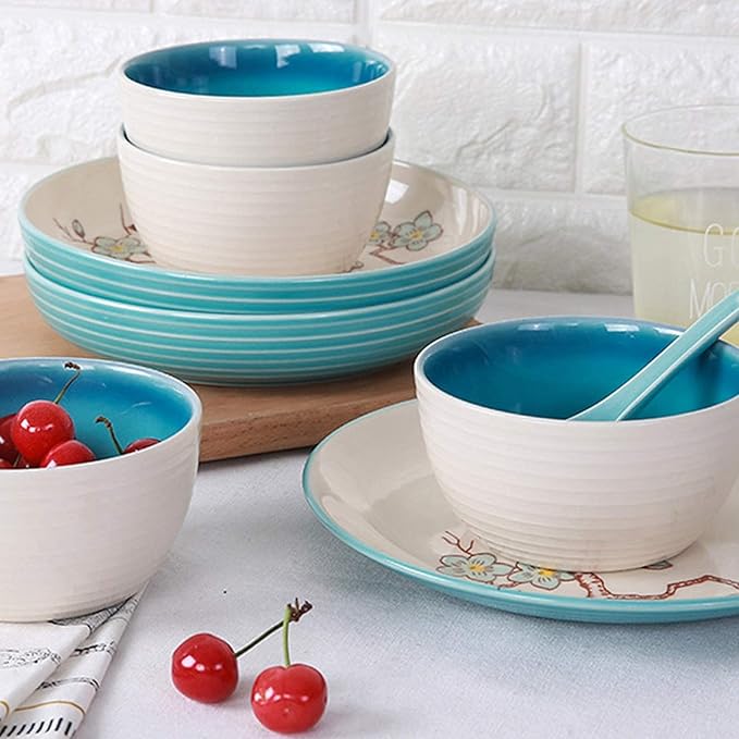 Ceramic 28-Piece kitchenware Set Household Ceramic Dinner Plate Sets Creative Plum Pattern Tableware Dinnerware Sets, Service for 6 Ceramic Dinner Pla