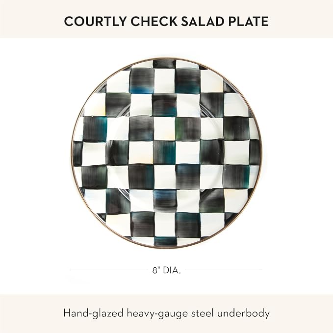 MACKENZIE-CHILDS Enamel Salad and Dessert Plate, Small Plate for a Dessert or Appetizer Dish, 8 Inches, Black-and-White Courtly Check (Pack of 2)