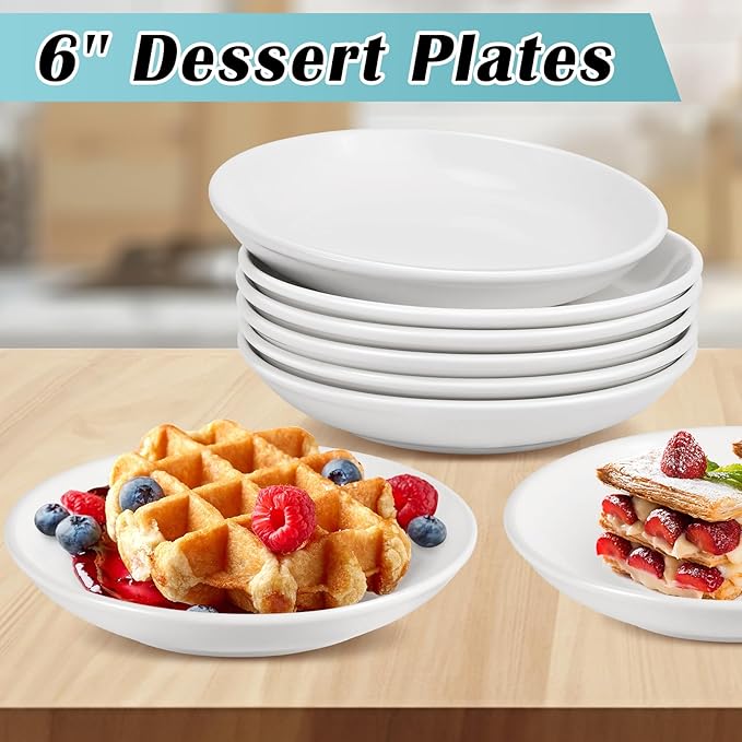 White Dessert Plates Ceramic,Set of 6 Small Dinner Plates,6 Inch Round Appetizer Plates,Ceramic Salad Plates Set,Ceramic Serving Dishes,Microwave and Dishwasher Safe