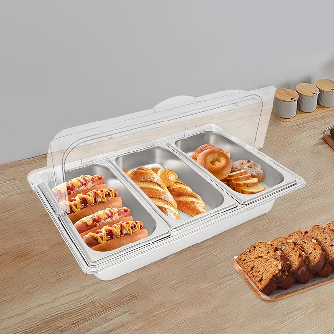 3 Pan Stainless Steel Food Serving Tray, Countertop Food Serving Display Container with Clear Roll Top Cover & Buckles, Buffet Food Display Container for Buffets, Parties, Hotels, Weddings