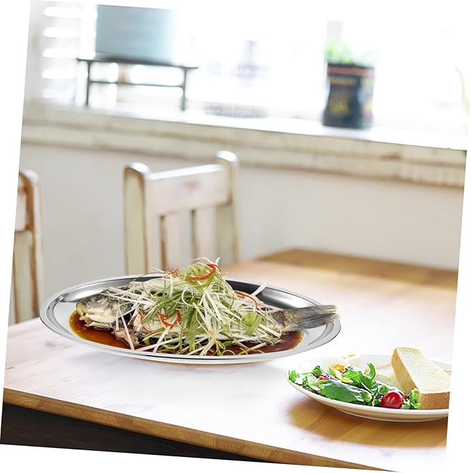 Cabilock Stainless Steel Oval Serving Tray Food Plate for Fish Steak Snacks Versatile Dinner Dish Smooth Surface Easy to Clean for Home Entertaining Daily Use