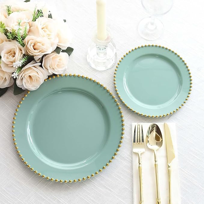 10" Dinner Plates - Set of 20 - Plastic Dusty Sage Green/Gold Round Disposable Plate Beaded Rim, Ideal for Decoration Party Wedding Bulk Events