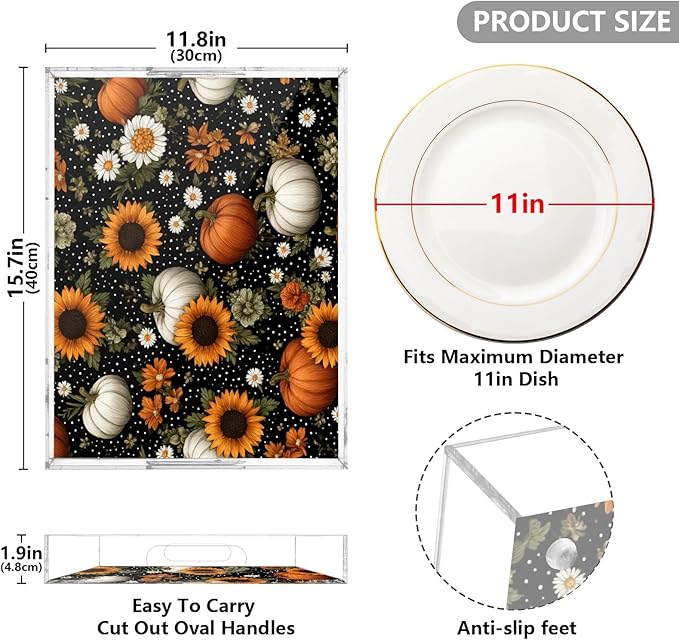 Serving Tray with Handles Clear Acrylic Tray 12x16 Inch Decorative Rectangular Tray Organizer for Ottoman Coffee Table Bathroom Black Dotty Pumpkins Sunflowers Daisy