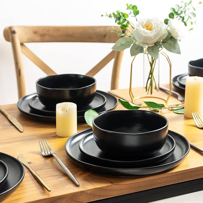 AmorArc Ceramic Dinner Salad Plates Set of 6, Wavy Rim 8.5 Inch Dish Set, The Dessert,Salad, Appetizer, Small Dinner etc Plate,Microwave, Dishwasher Safe, Scratch Resistant, Matte Black