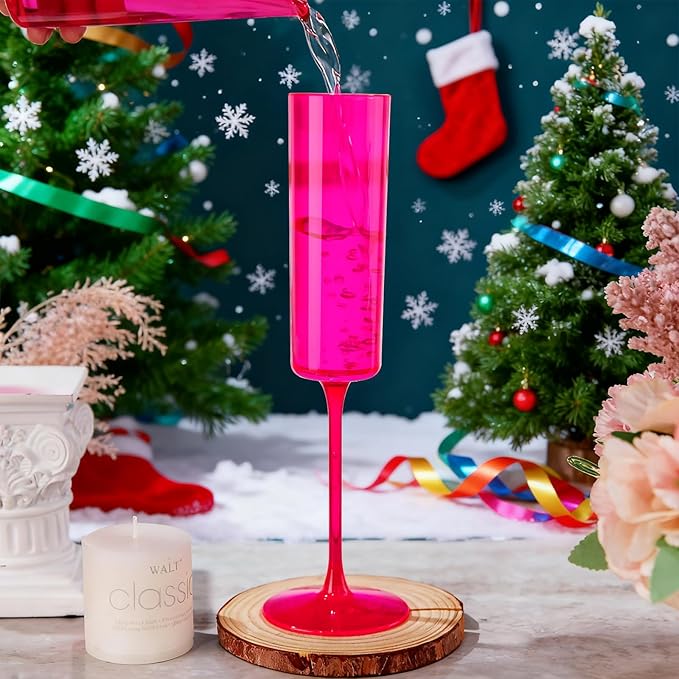 Ciaell 24 Pack Plastic Champagne Flutes - Hot Pink 6 Oz Disposable Champagne Glasses - Square Plastic Toasting Glasses for Party Birthday Anniversary Wedding