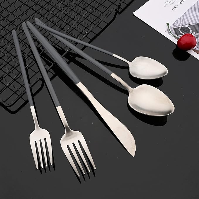 JASHII Slim Handle Silverware Set 20 Pieces, 304 Stainless Steel Colorful Flatware Set, Titanium Plating Cutlery Set, Utensil Sets for Home Dinner Service for 4, Dishwasher Safe - Dark Grey&Silver