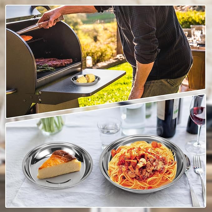 Patterned Deep Stainless Steel Plates, 4 Set 7 inch 201 Metal Food Serving Plate, Reusable Snack Eating Dishes Round Shatterproof Silver Dinnerware for BBQ Dinner Oven Dishwasher Safe