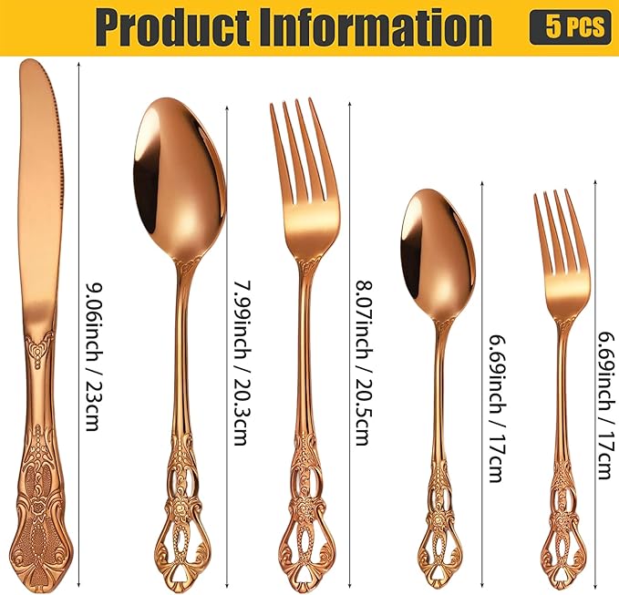 Vilihkc Gorgeous Retro Royal Stainless Steel 5 Pieces Flatware Set, Silverware Set, Anti-rust Stainless Steel Cutlery Set Utensils Including Fork Spoon and Knife