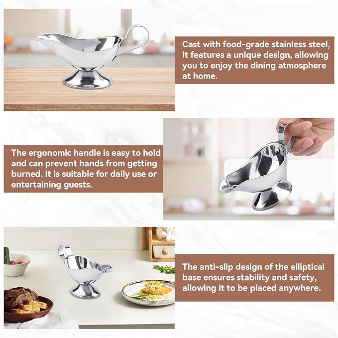 Gravy Boat, Mini Sauce Jug Stainless Steel Gravy Boat with Handle Sauce Cup with Dripless Lip Spout for Gravy Sauces Salad Dressings Cream(3oz)
